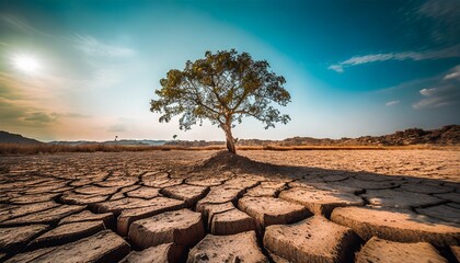 A solitary tree thrives amidst the arid soil, representing the impact of global warming and the changing climate 
