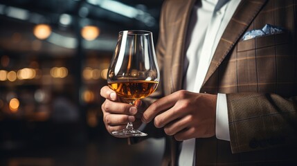 Gentleman holding a glass of brandy against a blurred bokeh backdrop.