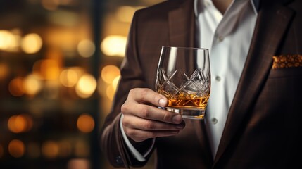 Gentleman with a glass of brandy against a dreamy bokeh background. - obrazy, fototapety, plakaty