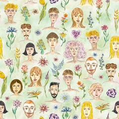 People faces and flowers, seamless pattern