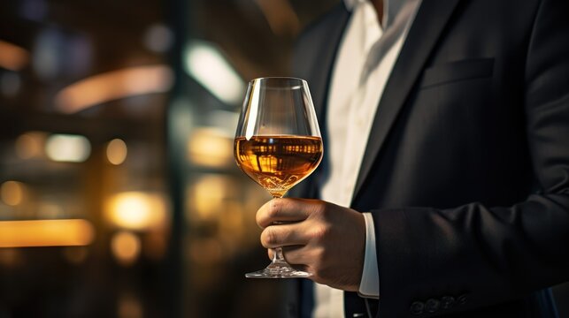 Glass of brandy held by a man against a softly blurred bokeh background.