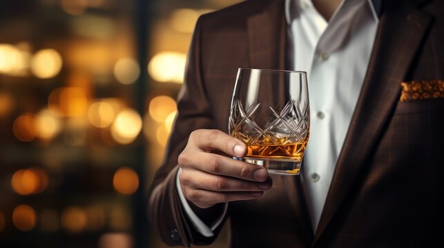 Gentleman with a glass of brandy against a dreamy bokeh background.