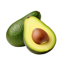 fresh organic avocado cut in half sliced with leaves isolated on white background with clipping path