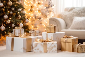 Details of woman hands wrapping presents, standing and preparing boxes with gold ribbons during Christmas celebration at home