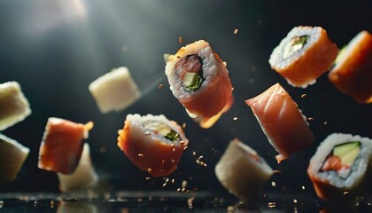 Flying pieces of sushi rolls on a black background close-up. Traditional Japanese cuisine - obrazy, fototapety, plakaty