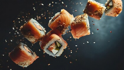 Flying pieces of sushi rolls on a black background close-up. Traditional Japanese cuisine