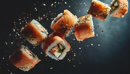 Foto op Aluminium Flying pieces of sushi rolls on a black background close-up. Traditional Japanese cuisine © Marko