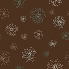 A Brown Background with Line Art Flowers in Tan and Green Scattered Creating a Seamless Vector Repeat Pattern Design
