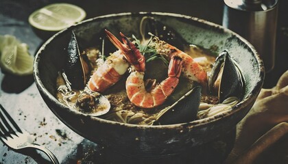 Healthy and traditional seafood meal in a bowl