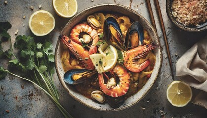 Healthy and traditional seafood meal in a bowl - obrazy, fototapety, plakaty