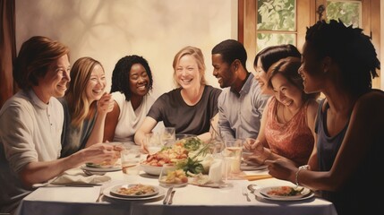 Generate a picture of a diverse group of people sharing stories and laughter around a dining table during a potluck dinner. - obrazy, fototapety, plakaty