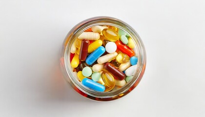 Multi-coloured medical capsules and tablets in a glass jar. Vitamins and supplements. The concept of pharmaceuticals