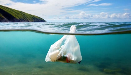 Fototapeta na wymiar Plastic bag with garbage in the ocean. The concept of environmental pollution