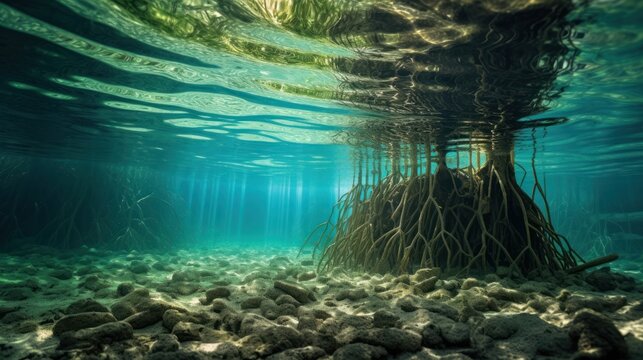 Underwater View Of A Mangrove Tree In The Sea.