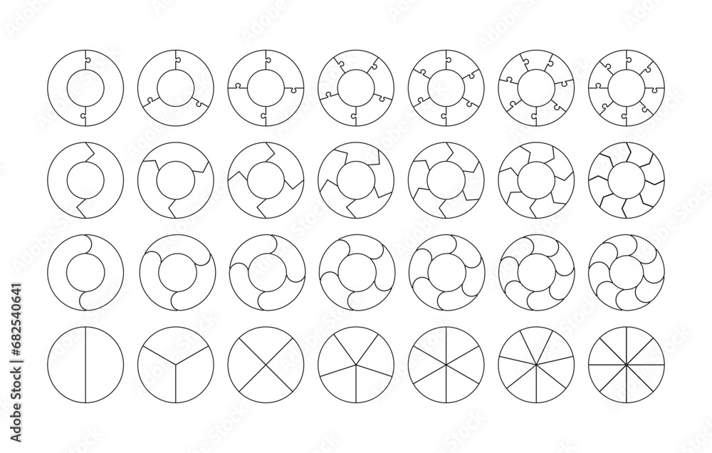 Poster circle outline pie chart set. vector flat process cycle diagrams. infographic collection with 2,3,4,