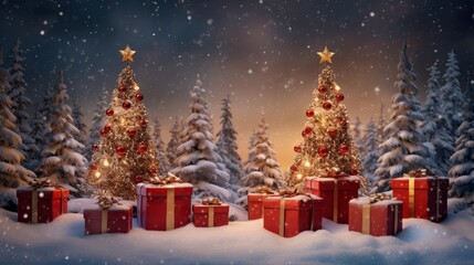Christmas Trees and Gift Boxes. AI Generative