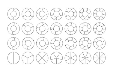 Circle Outline Pie Chart Set. Vector Flat Process Cycle Diagrams. Infographic Collection with 2,3,4,5,6,7,8 Segment Sections