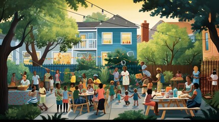 Illustrate a neighborhood gathering where neighbors of all ages and backgrounds come together for a block party. - obrazy, fototapety, plakaty