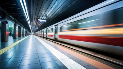 Fototapeta premium The subway station featuring a train with motion blur.