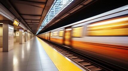 Witnessing the motion-blurred train at the subway platform.