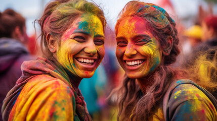 Obraz premium portrait of two happy female friends taking part at the Indian Holi festival
