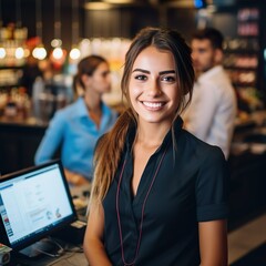 Fototapeta premium Smiling, young and attractive saleswoman, cashier serving customers. - Generative AI