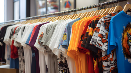 Closet Chronicles Explore the Rainbow of Styles with Close-Up Views of Hanging T-Shirts in a Boutique Setting. Generative AI