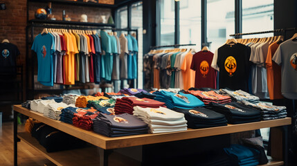 Vibrant Wardrobe Wonders Close-Up of Colorful T-Shirts on Display in a Trendy Clothes Shop. Generative AI