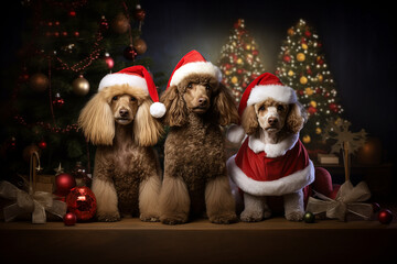 Christmas poodles posing