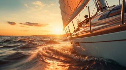 Sailing yacht sails in the sunlit sea with bokeh, offering a luxurious summer adventure and outdoor activities at sea. The sailboat moves gracefully on the ocean.