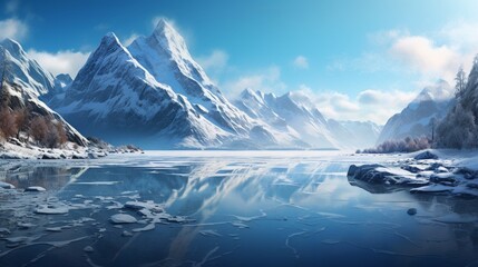 panoramic view of a frozen lake surrounded by snow-capped mountains.