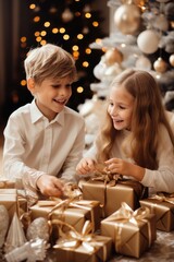 Portrait of happy 2 kids, boy and girl unwrapping christmas gifts on christmas eve. Santa presents and details of holiday