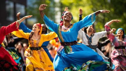 People from around the world participating in a vibrant, cultural dance performance.