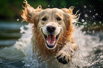 AI cane che corre felice nell'acqua 02 - obrazy, fototapety, plakaty