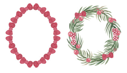 Set of Christmas frames. Separate illustrations in gouache: a wreath of bows and a spruce wreath with decor