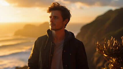 Coastal cliff portrait at golden hour, subject in casual attire, dramatic sea waves below, warm...