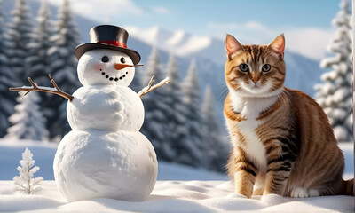 the winter scenery of a snowman and a cat standing together. Generative AI