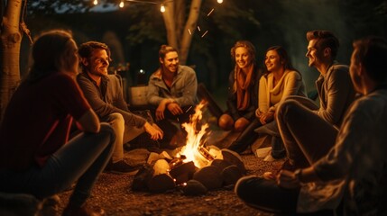 Showcase a group of friends of different genders and orientations having a heartfelt conversation around a campfire. - obrazy, fototapety, plakaty
