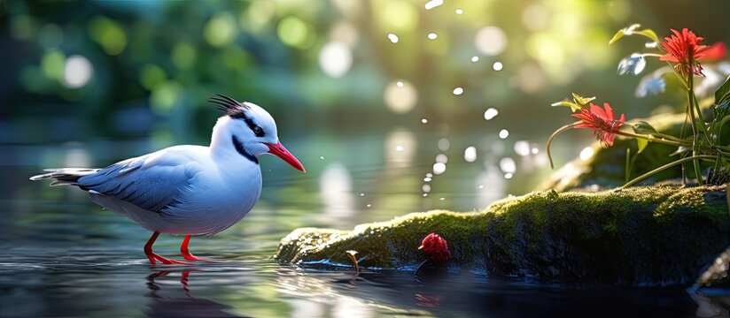 In the summer, amidst the tranquility of nature, a picturesque park in City, a black and white bird with a vibrant red beak runs by the blue lake, its feathers glistening in the sunlight, creating a