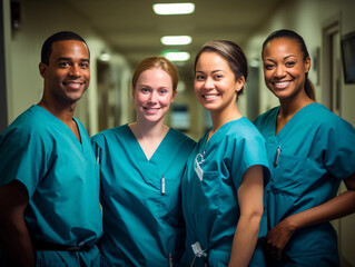 Medical staff group portrait, healthcare workers in scrubs, hospital hallway, faces of dedication