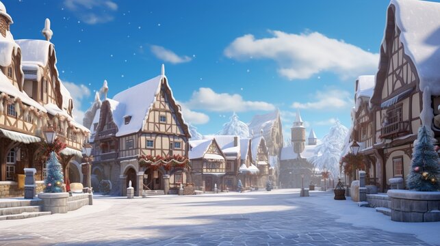 Snow-covered rooftops of a quaint European village under a clear blue sky.
