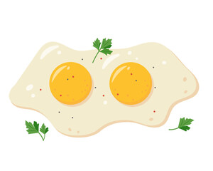 Two Fried fresh eggs with parsley leaves and spices. Cooked fried eggs meal. Egg yolk and white. Healthy organic food for breakfast. Vector flat illustration isolated on white background.