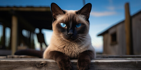 Sleek Siamese cat perched on a rustic wooden ledge, deep blue twilight sky, piercing blue eyes