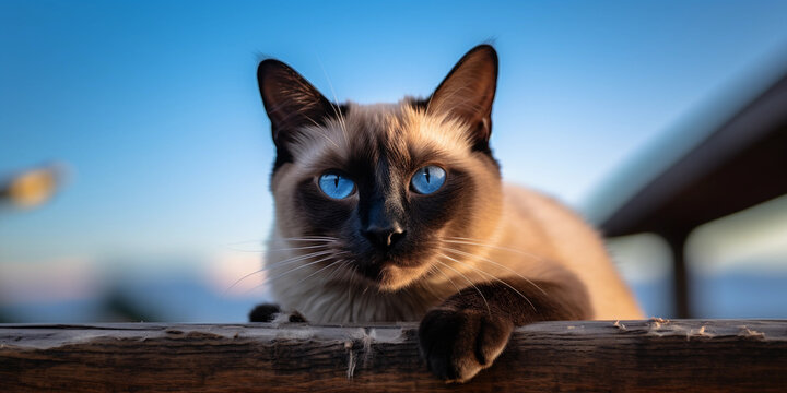 Sleek Siamese cat perched on a rustic wooden ledge, deep blue twilight sky, piercing blue eyes