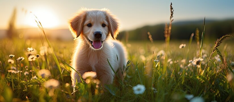 In the beautiful green field of nature, a young purebred puppy with a cute and happy expression in its eyes poses for a portrait, showcasing its vibrant color and the innocence of a happy canine