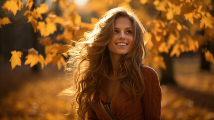 Vibrant autumn forest portrait, subject surrounded by fall foliage, warm golden sunlight filtering through the trees