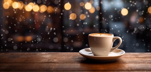 Transport yourself to a blur cafe, a restaurant, or coffee shop with a dark wood table and a blurred light gold bokeh background.  - obrazy, fototapety, plakaty