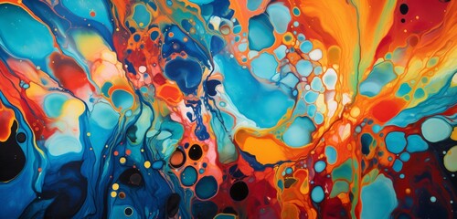 Wet paints in a vibrant abstract pattern on an oily surface.