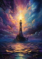 lighthouse storm light moon guiding star fantasy mystery tarot illustration art tattoo poster - obrazy, fototapety, plakaty