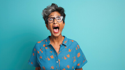 Beautiful african american senior woman wearing glasses and blue shirt and tie over isolated pink background afraid and mad with surprise expression, fear and excited face. - Powered by Adobe